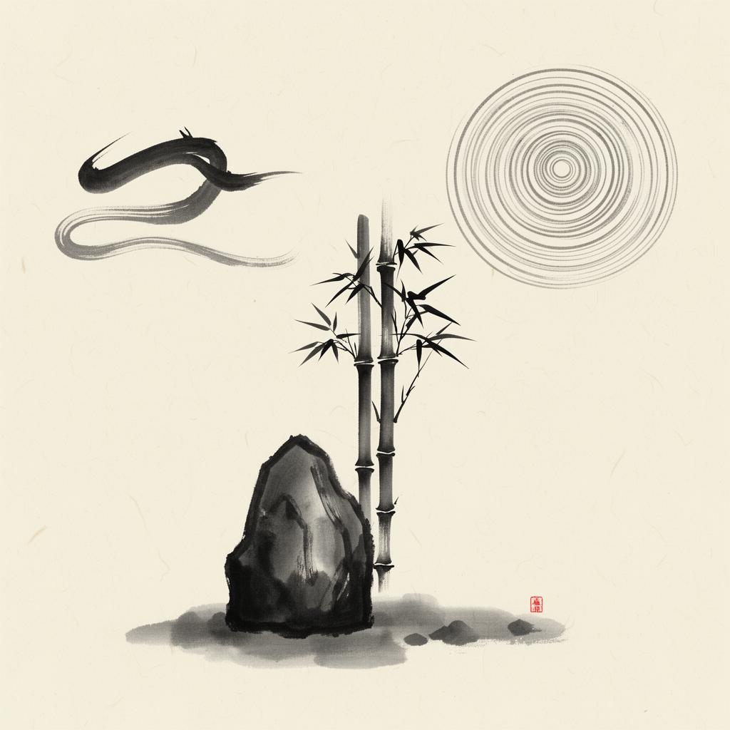 Sumi-e illustratie van de vier natuurwetten